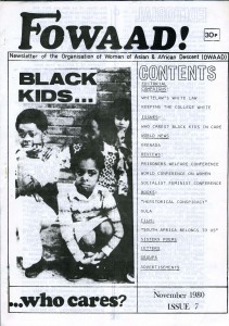 Newsletter of Organisation of African and Asian Descent. Picture of three young black children with the caption 'black kids who cares?'