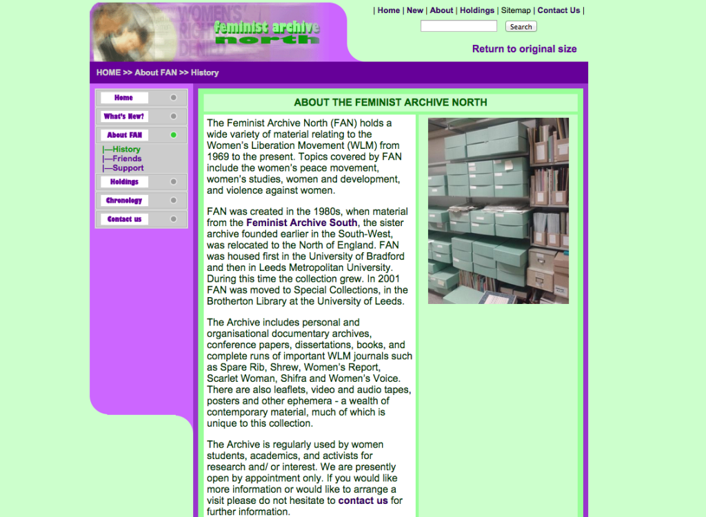 Feminist Archive North website. Description of the archive, picture of archive boxes and website menu.